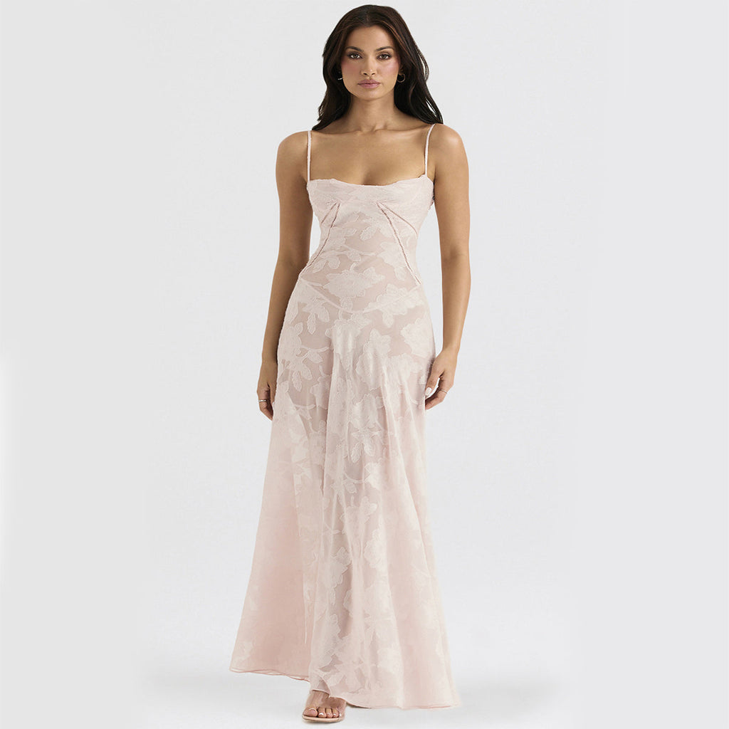 Sexy Flowers Lace Suspender Dress Summer Fashion Slim Back Lace-up Long Dresses Party Evening Club Clothing For Women